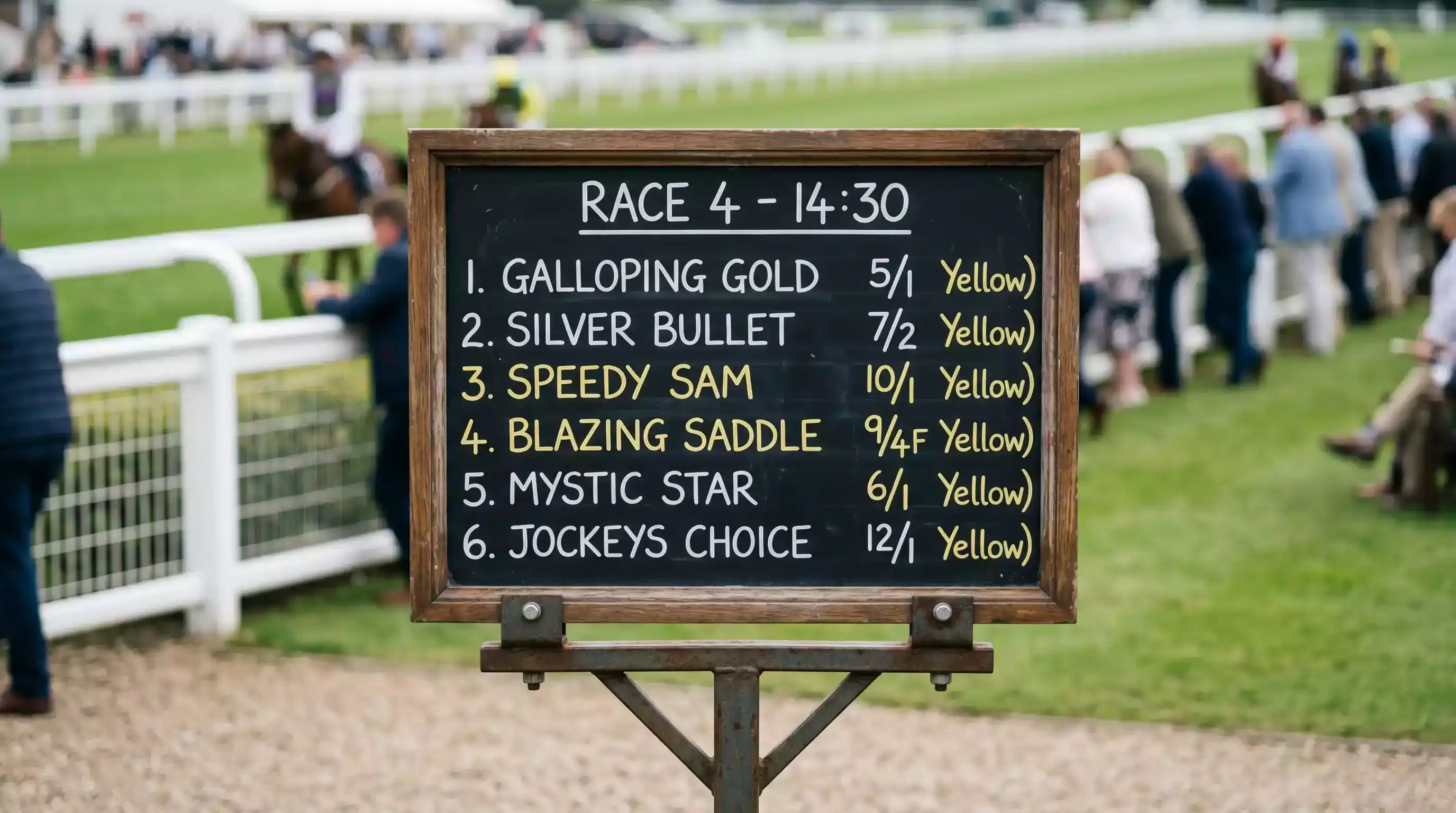 Close-up of a traditional UK bookmaker odds board showing fractional prices for a horse racing market