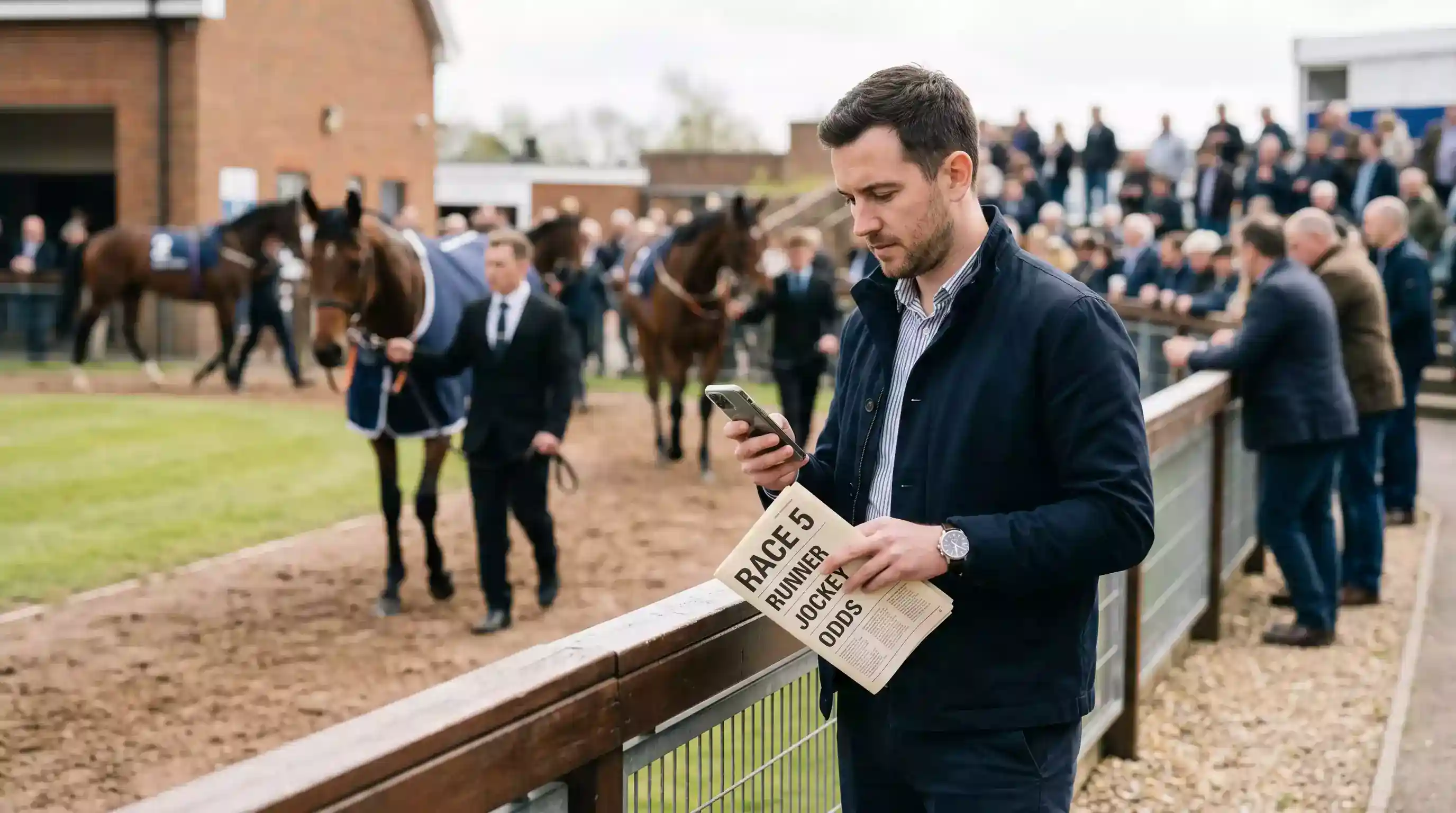 A punter studying a racecard and checking a mobile phone at a UK racecourse paddock
