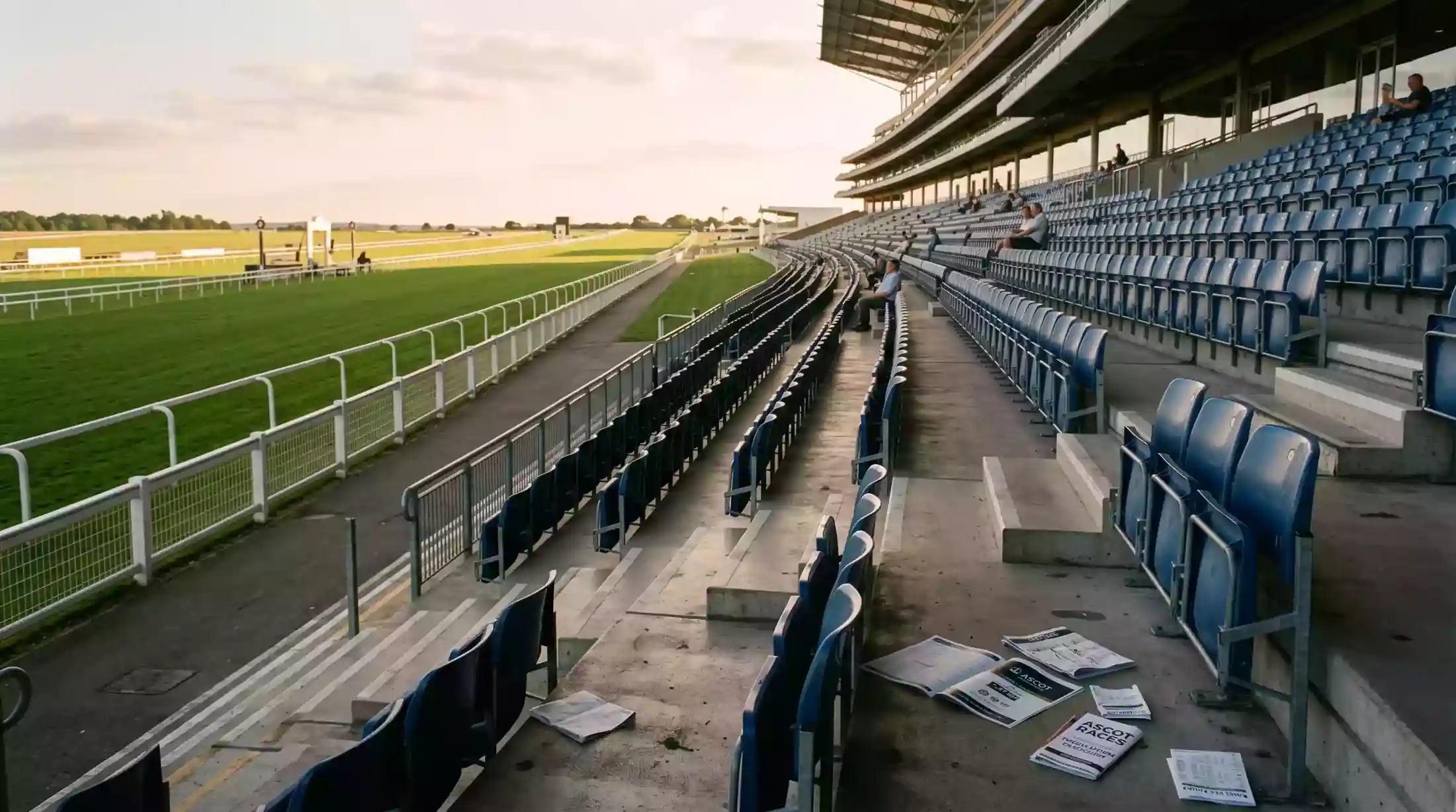 A calm racecourse scene at golden hour with mostly empty grandstands and a groomed turf track