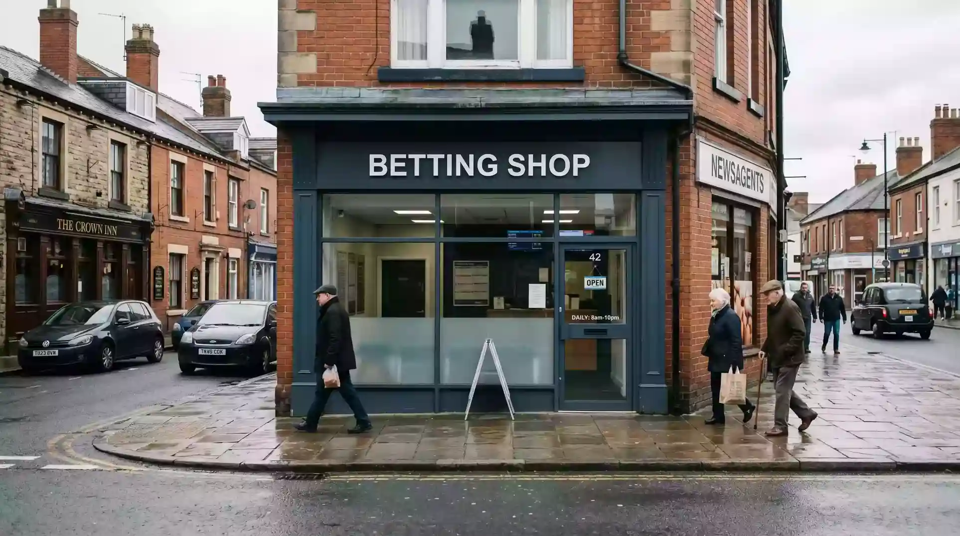 Exterior of a licensed UK high-street betting shop with signage visible on a town centre street