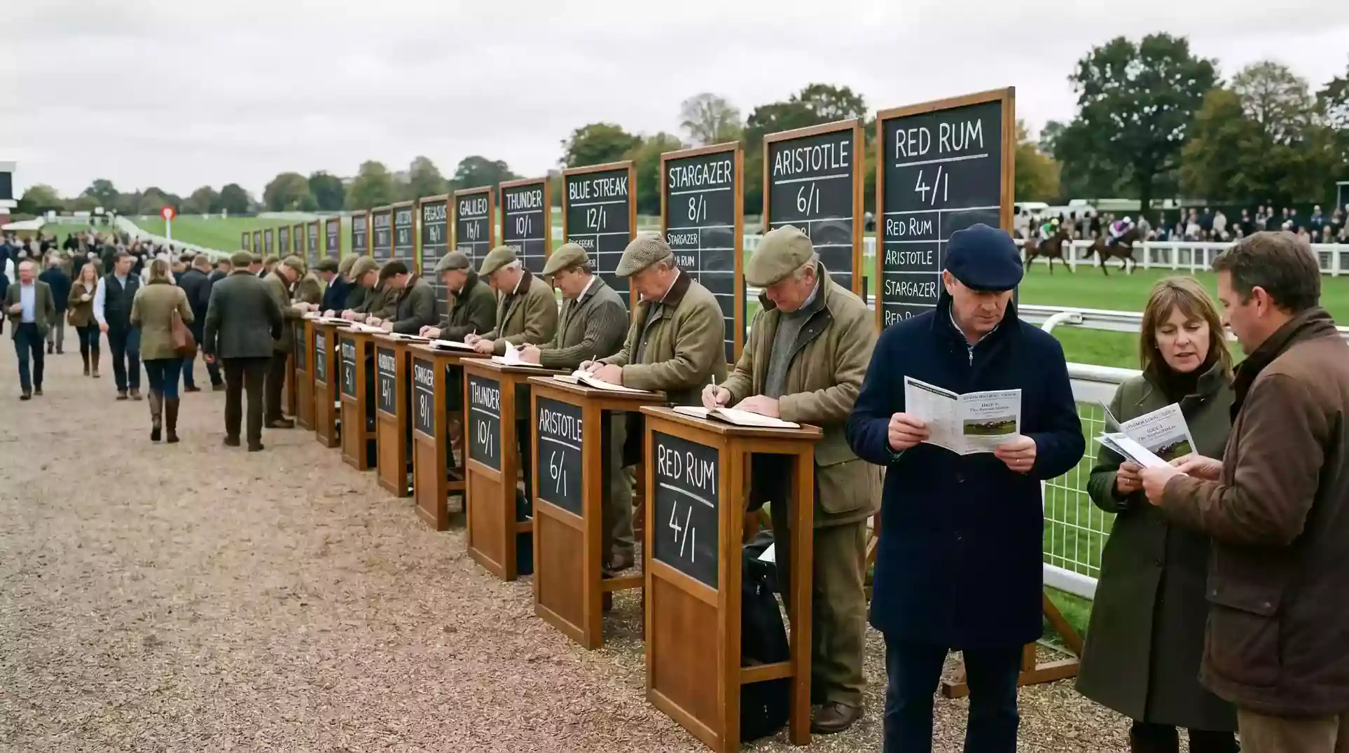Rows of on-course bookmakers displaying odds boards at a busy UK racecourse meeting